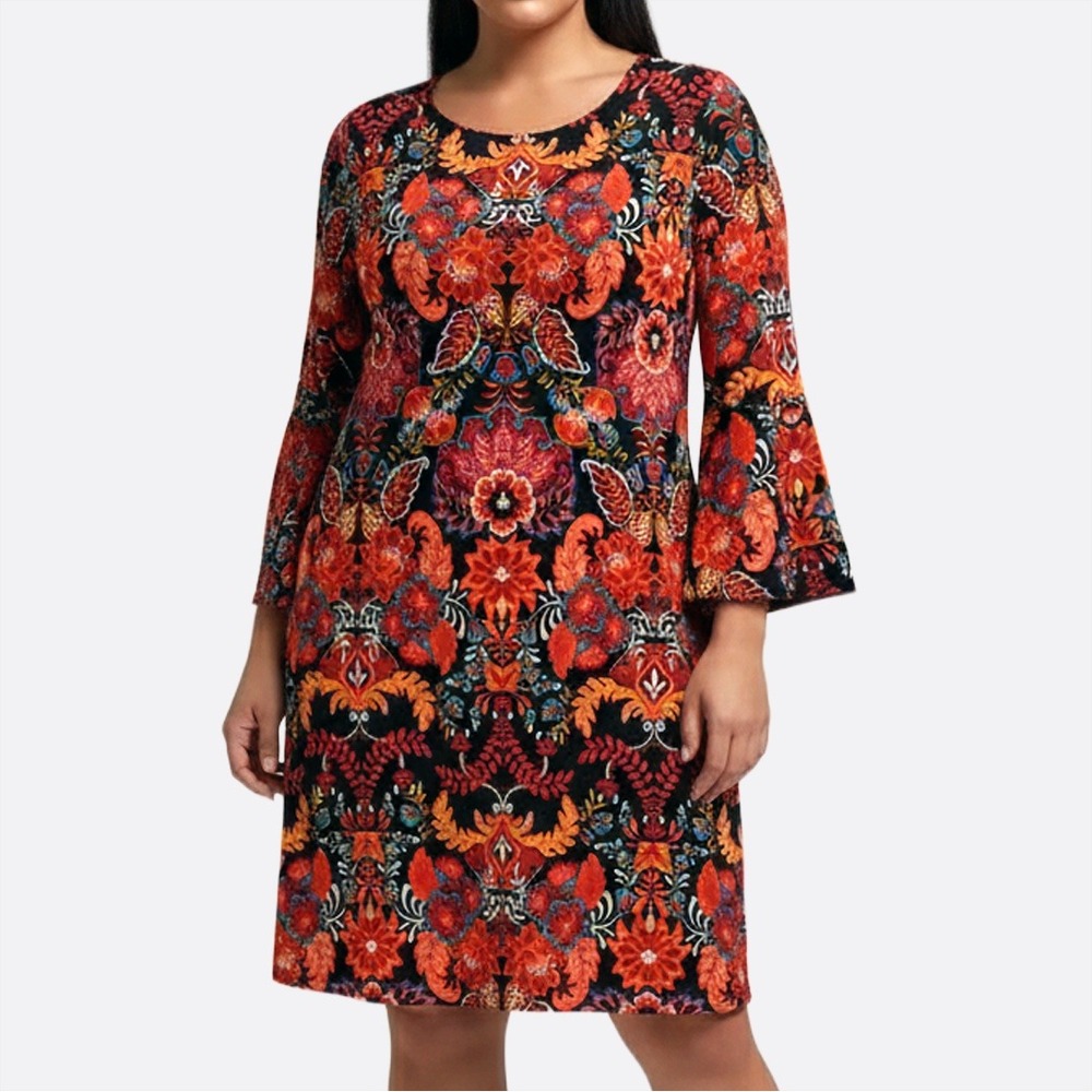 MSK Boho Chic Paisley Bell Sleeve Cocktail Dress  L 12 14 Retro 70s Sunset Bloom